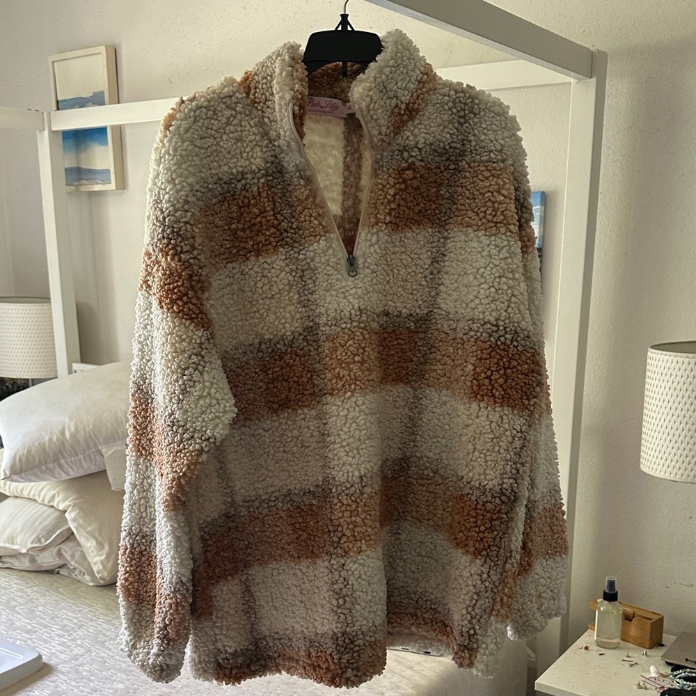 Pink Lily Cozy Plaid Sherpa Quarter Zip Sweater